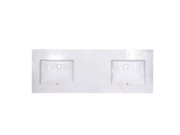 White marble double sink vanity top with two rectangular undermount basins and mounting holes