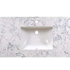 White marble bathroom vanity top with single integrated ceramic sink and faucet hole
