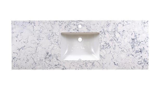 White marble bathroom vanity top with single integrated ceramic sink and faucet hole