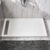 Modern bathroom shower area with marble-look wall tiles and white linear drain pan with dark mat