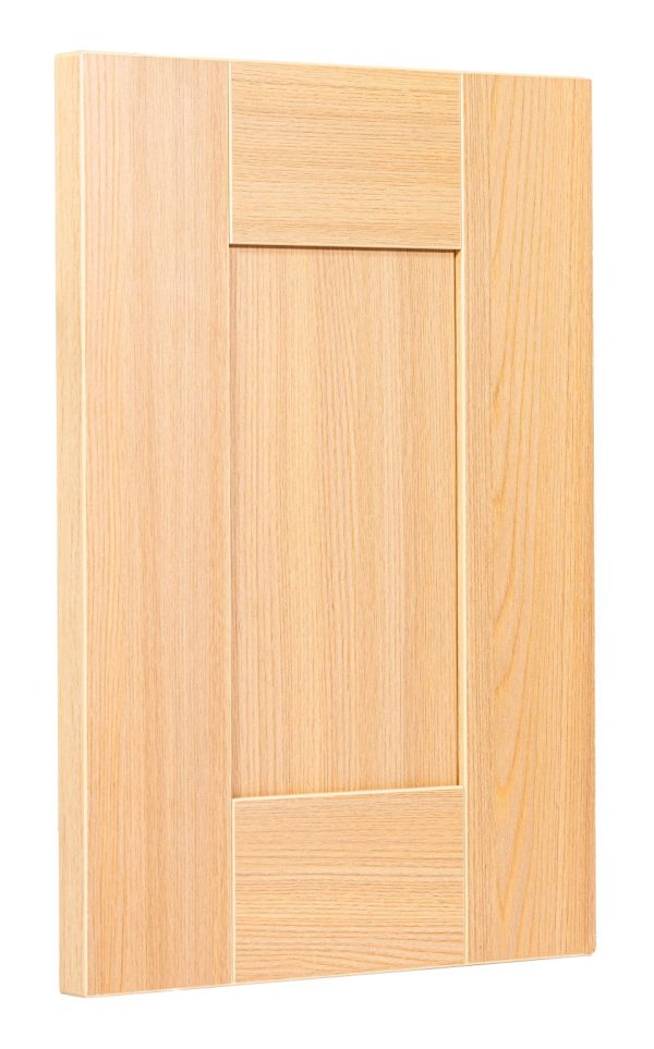 Unfinished oak cabinet door with five-piece frame and vertical wood grain pattern