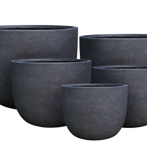 Set of five dark gray modern planter pots in varying sizes arranged in a group
