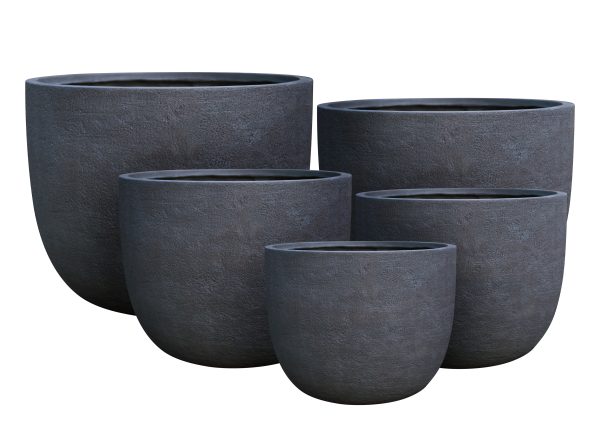 Set of five dark gray modern planter pots in varying sizes arranged in a group