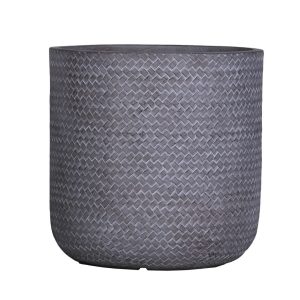 Gray woven cylindrical planter pot with herringbone textured pattern