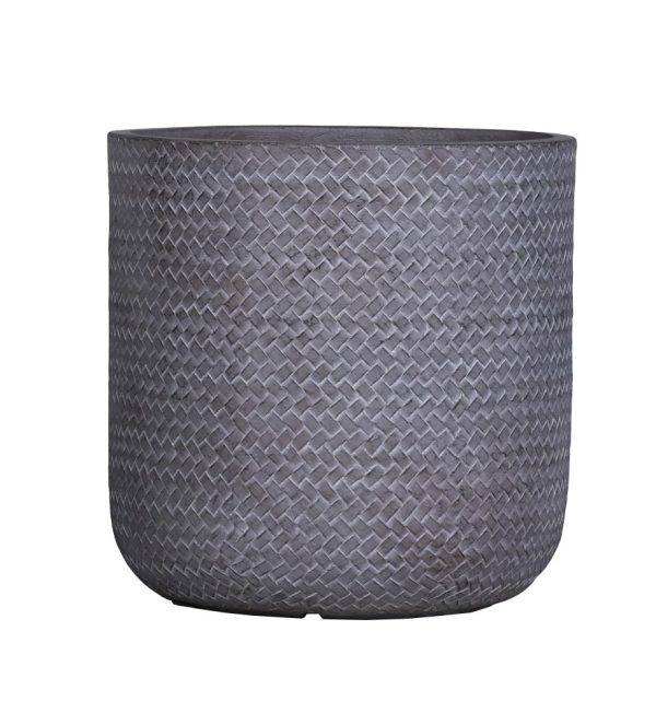 Gray woven cylindrical planter pot with herringbone textured pattern