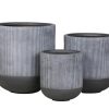 Three gray and black ribbed cylindrical planter pots in graduated sizes
