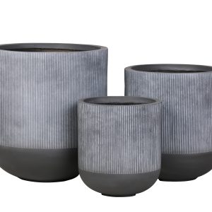 Three gray and black ribbed cylindrical planter pots in graduated sizes