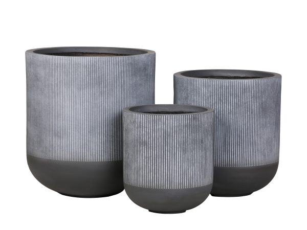 Three gray and black ribbed cylindrical planter pots in graduated sizes