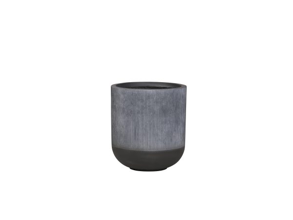 Gray and black ribbed cylindrical planter pot with rounded bottom