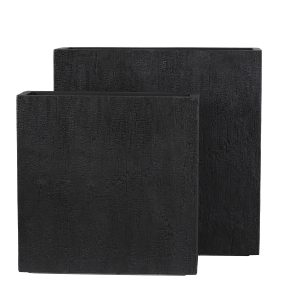 Two black textured square planter boxes in different sizes