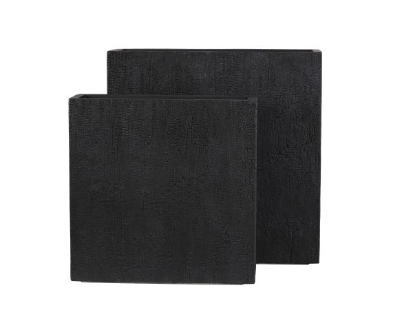 Two black textured square planter boxes in different sizes
