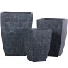 Three black tapered square planters with geometric square texture in graduated sizes