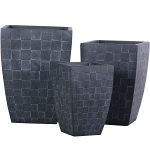 Three black tapered square planters with geometric square texture in graduated sizes
