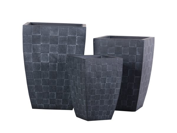 Three black tapered square planters with geometric square texture in graduated sizes