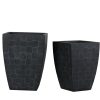 Two black tapered square planters with geometric square pattern in different sizes