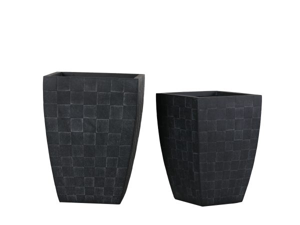 Two black tapered square planters with geometric square pattern in different sizes