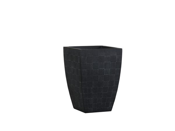 Single black tapered square planter with geometric square quilted texture pattern