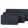 Three black rectangular textured planters with geometric square pattern in graduated sizes