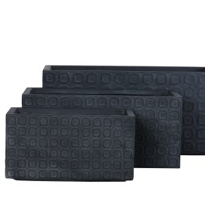 Three black rectangular textured planters with geometric square pattern in graduated sizes