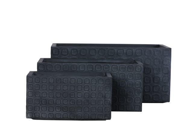 Three black rectangular textured planters with geometric square pattern in graduated sizes