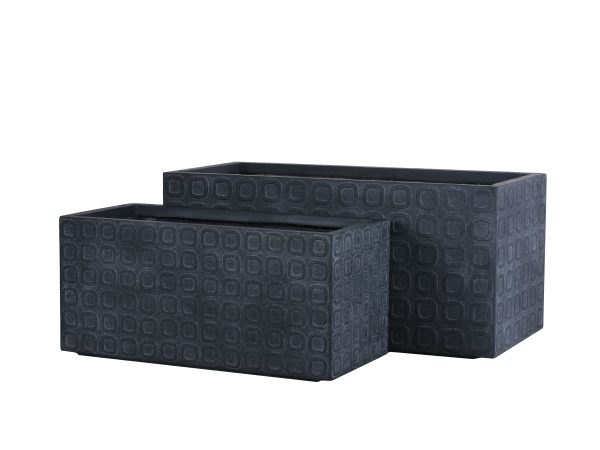 Two black square textured planters with geometric square pattern, small and large sizes