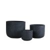 Three dark gray cylindrical planters in graduated sizes with embossed circular pattern texture