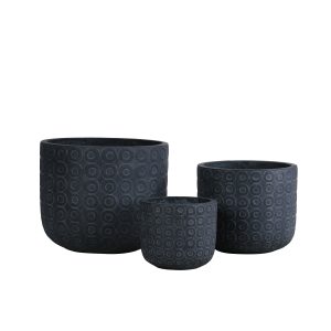 Three dark gray cylindrical planters in graduated sizes with embossed circular pattern texture