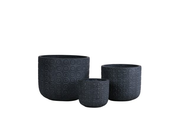 Three dark gray cylindrical planters in graduated sizes with embossed circular pattern texture