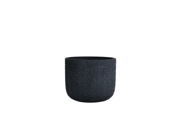 Dark gray cylindrical planter with embossed circular pattern texture