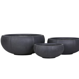 Three dark gray bowl planters in graduated sizes with decorative seam detailing
