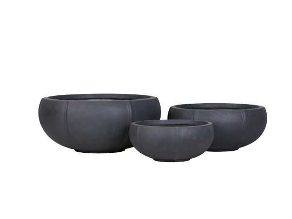 Three dark gray bowl planters in graduated sizes with decorative seam detailing