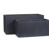 Two dark gray rectangular concrete planters of different sizes arranged together