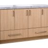 Light oak wood bathroom vanity cabinet with gray marble countertop and rectangular sink, featuring four upper cabinet doors and two lower drawers with metal handles