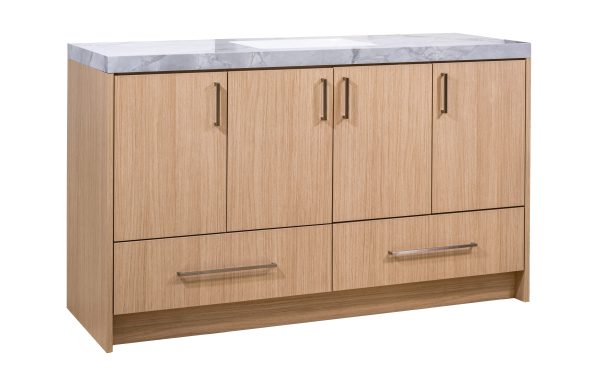 Light oak wood bathroom vanity cabinet with gray marble countertop and rectangular sink, featuring four upper cabinet doors and two lower drawers with metal handles