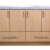 Light oak wood bathroom vanity cabinet with white marble countertop and rectangular sink, featuring four upper cabinet doors and two lower drawers with metal handles