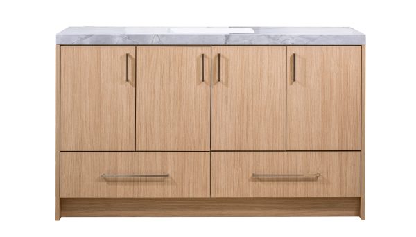 Light oak wood bathroom vanity cabinet with white marble countertop and rectangular sink, featuring four upper cabinet doors and two lower drawers with metal handles