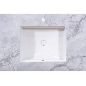 White marble bathroom vanity countertop with gray veining and integrated rectangular undermount sink