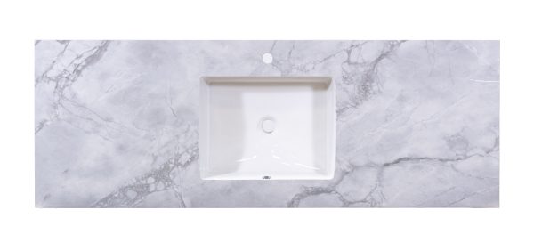 White marble bathroom vanity countertop with gray veining and integrated rectangular undermount sink
