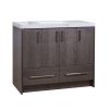Dark gray wood bathroom vanity cabinet with white marble countertop and rectangular sink, featuring four upper cabinet doors and two lower drawers with metal handles