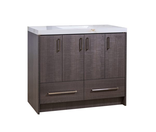Dark gray wood bathroom vanity cabinet with white marble countertop and rectangular sink, featuring four upper cabinet doors and two lower drawers with metal handles