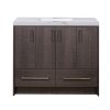 Dark brown textured double vanity cabinet with four doors and two drawers, topped with white marble countertop and single undermount sink