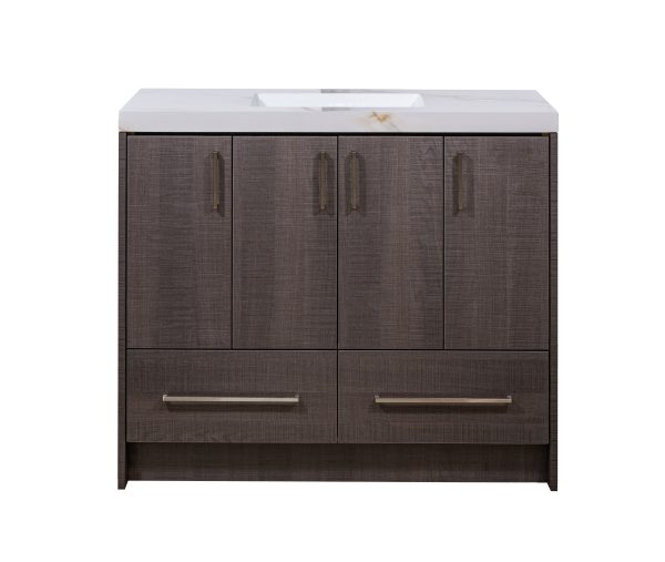 Dark brown textured double vanity cabinet with four doors and two drawers, topped with white marble countertop and single undermount sink