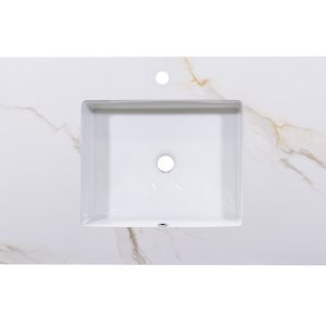 Single white rectangular undermount sink on white marble countertop with gold veining