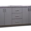 Gray double sink vanity with two pairs of cabinet doors, three center drawers, and gray marble countertop