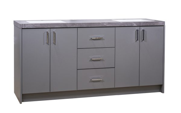 Gray double sink vanity with two pairs of cabinet doors, three center drawers, and gray marble countertop