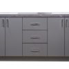 Gray double vanity cabinet with five doors and three center drawers, topped with gray marble countertop and dual rectangular sinks