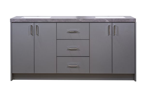 Gray double vanity cabinet with five doors and three center drawers, topped with gray marble countertop and dual rectangular sinks