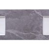 Dual white rectangular undermount bathroom sinks on gray marble countertop with wall-mounted faucet holes