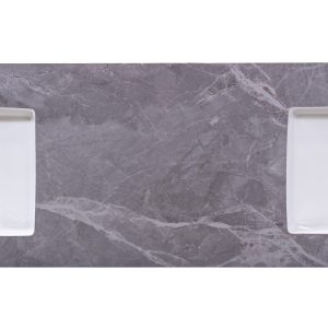 Dual white rectangular undermount bathroom sinks on gray marble countertop with wall-mounted faucet holes