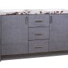 Gray linen finish double vanity with marble countertop, two cabinet doors on sides, and three center drawers with brushed metal hardware